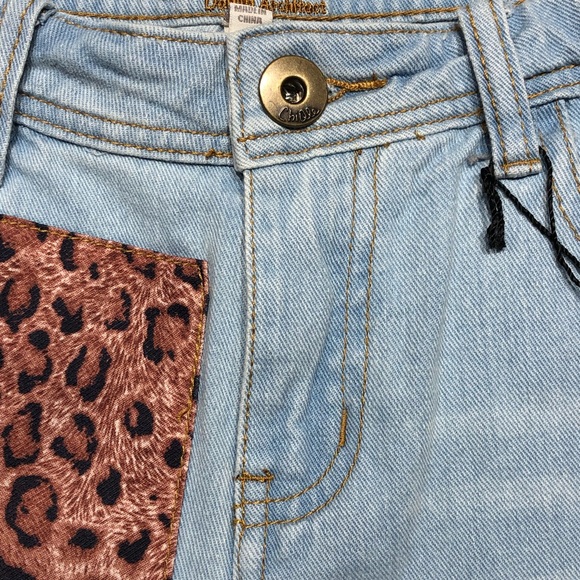 Chiqle Denim Leopard Print Patch and Studded Distressed Blue Jean Shorts - Picture 11 of 16
